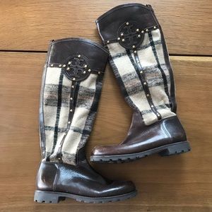 Tory Burch Plaid-Accented Leather Knee High Boot